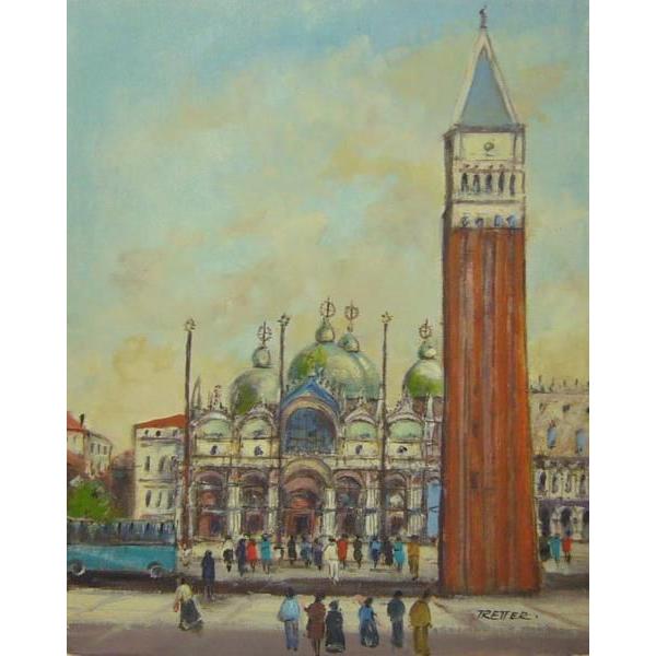 ヨーロッパ絵画 肉筆油絵 (額縁付きで納品対応可) サイズF6号 トレッティー作 「パリの街角」