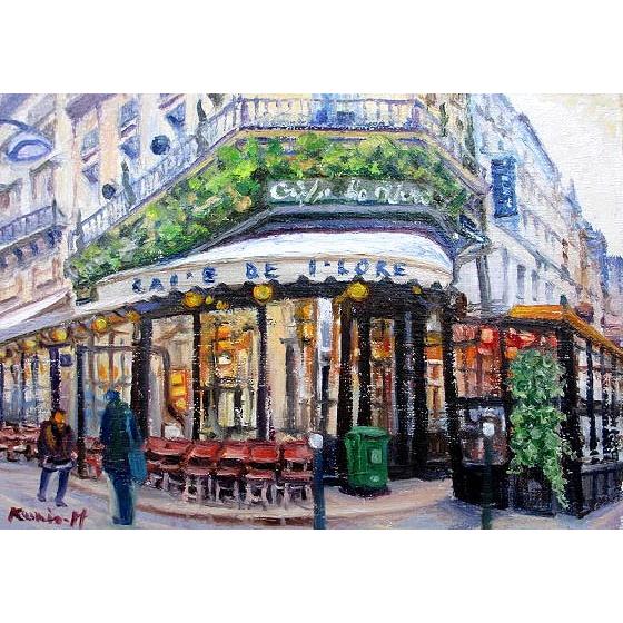 油絵 油彩画 洋画 (油絵額縁付きで納品対応可) F4号 「パリのカフェ１」 半澤 国雄