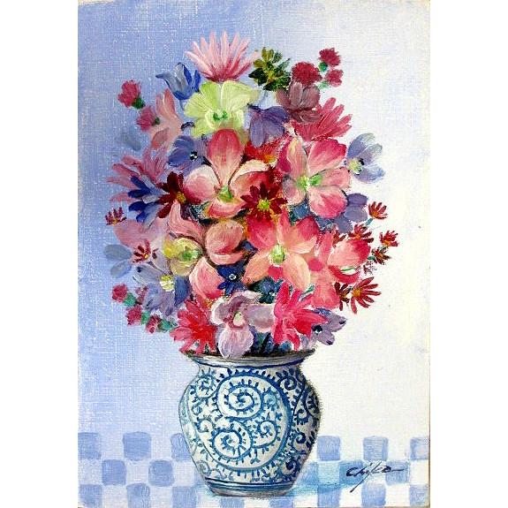 油絵 油彩画 洋画 (油絵額縁付きで納品対応可) F4号 「器とピンクの花」 内藤 千嘉