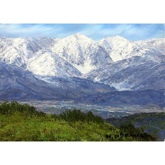 油絵 油彩画 洋画 (油絵額縁付きで納品対応可) M15号 「白馬連峰眺望」 小川 久雄