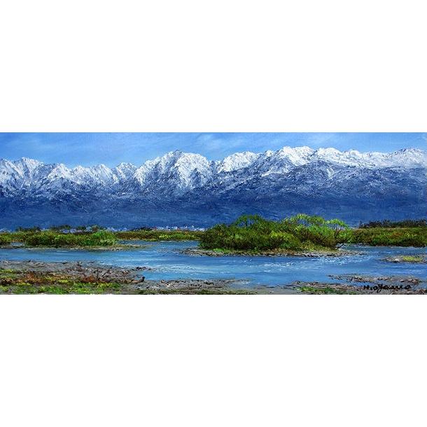 油彩 油画画 洋画 (油彩写真立て付き添い人で納品相応う可) WF6 「立山山岳地帯と神通川」 いささ川 久雄 楽器、手芸、コレクション-美術、工芸品-日本画