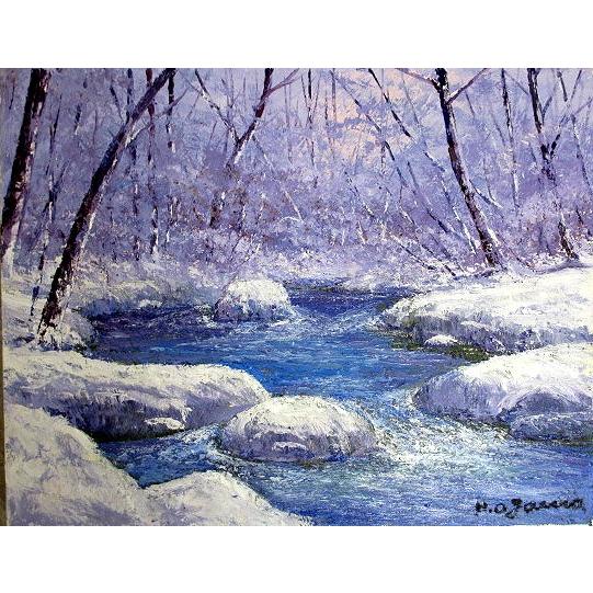 油絵 油彩画 洋画 (油絵額縁付きで納品対応可) P20号 「冬の奥入瀬２」 小川 久雄