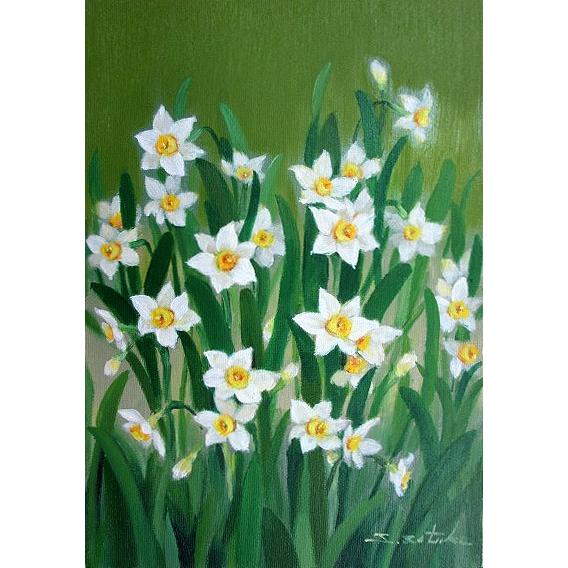 絵画・額縁・油絵・千賀 節子・新品未使用・窓辺の薔薇・美術品・インテリア・雑貨 油彩画 洋画 (油絵額縁付きで納品対応可) F6号 「水仙2」 千賀 節子