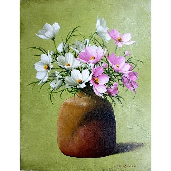 油彩画 花瓶の花 油彩画 洋画 (油絵額縁付きで納品対応可) M4号 「コスモス 花瓶