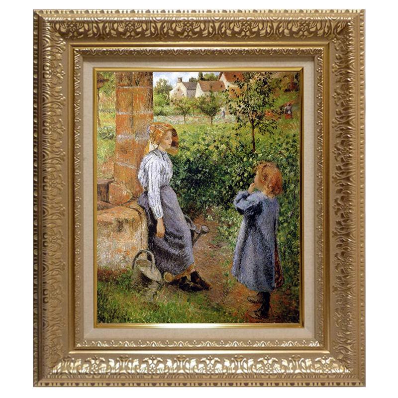 希少品 カミーユピサロ 絵画井戸端の女と子供 アート名画 木製 フレーム付き 絵画 世界の名画シリーズ 額縁付 カミーユ・ピサロ 「井戸端と女と子供