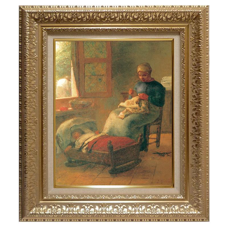 絵画 複製名画 額縁付 ジャン・フランソワ・ミレー 「眠った子の傍らで編み物をする女」 F6号 世界の名画シリーズ プリハード :NH