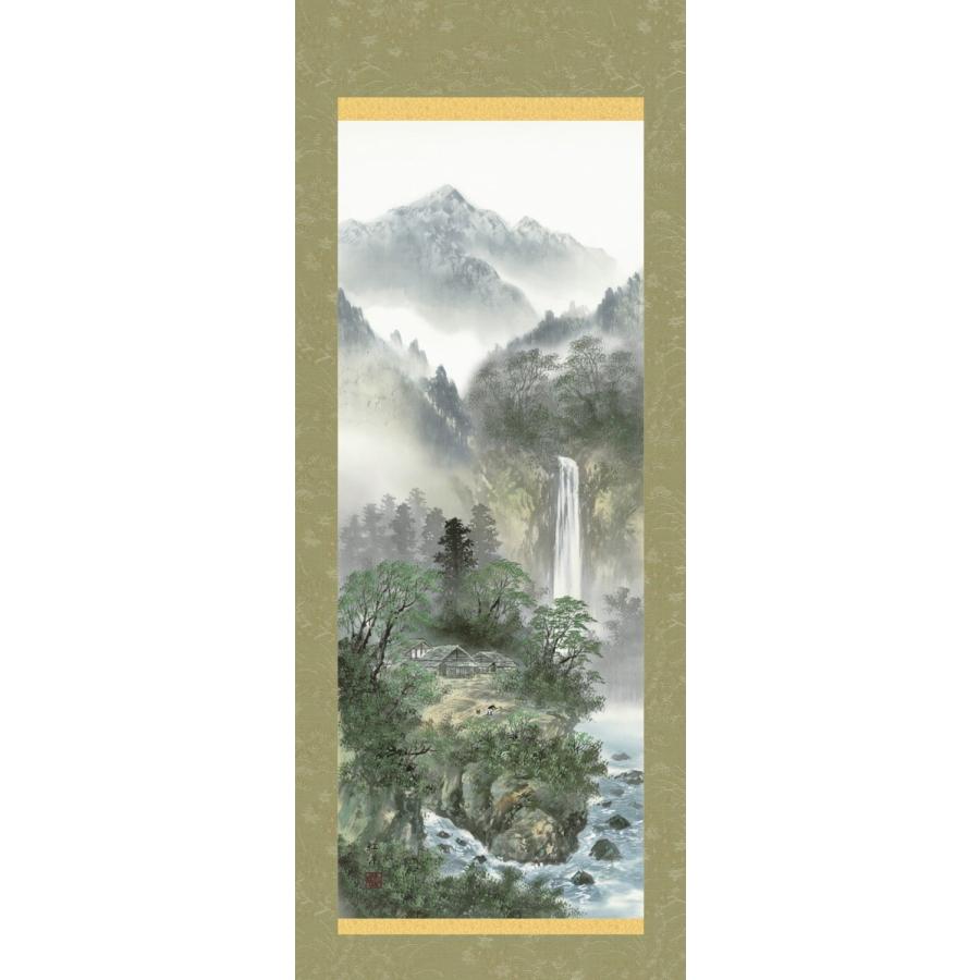 掛軸 純国産掛け軸 床の間 山水画 「春山麗水」 田口紅洋 尺五 化粧箱収納 オニックス風鎮 防虫香サービス_1