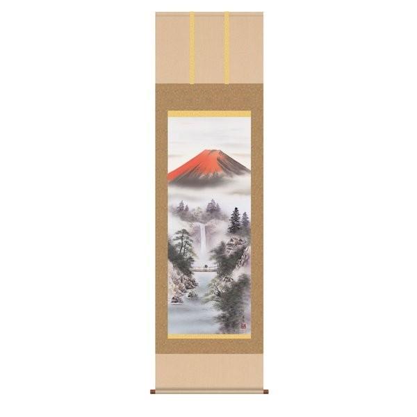 掛軸 純国産掛け軸 床の間 山水画 「紅峰清風」 伊藤香旬 尺五 化粧箱収納 オニックス風鎮 防虫香サービス