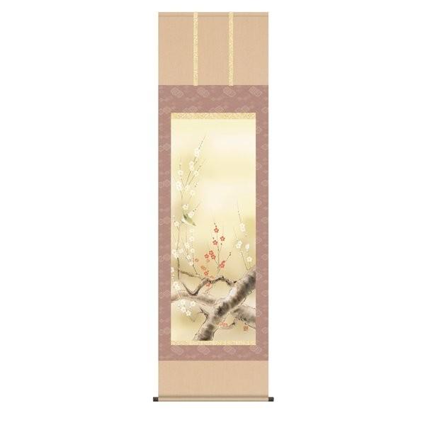 掛軸 純国産掛け軸 床の間 花鳥画 「四季花鳥 紅白梅に鶯」 北山歩生 尺五 化粧箱収納 オニックス風鎮 防虫香サービス