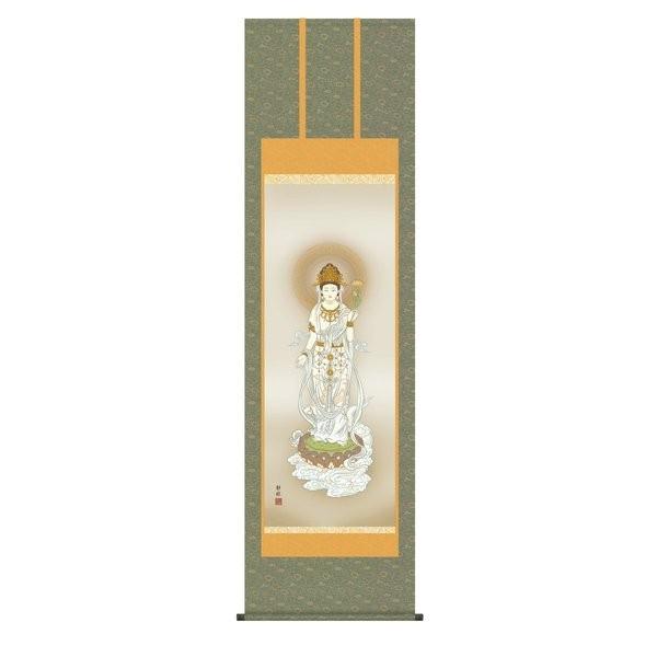 掛軸 純国産掛け軸 床の間 仏事画 「白衣観音」 阿部静雅 尺五 化粧箱収納 オニックス風鎮 防虫香サービス