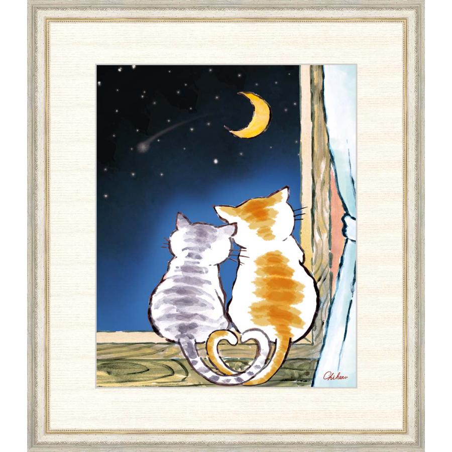 高細細しいデジタル版画 額装図画 千 春（ちはる）作 「三日月夜のねこ」 F8 洋画-美術、工芸品-楽器、手芸、コレクション