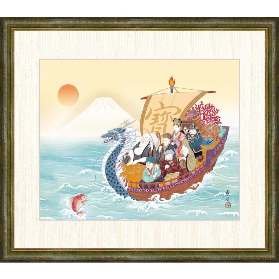アンティーク　油絵　日本画　額縁　⑤ 高精細デジタル版画 額装絵画 額縁付き絵画 井原蒼竹作 「七福神
