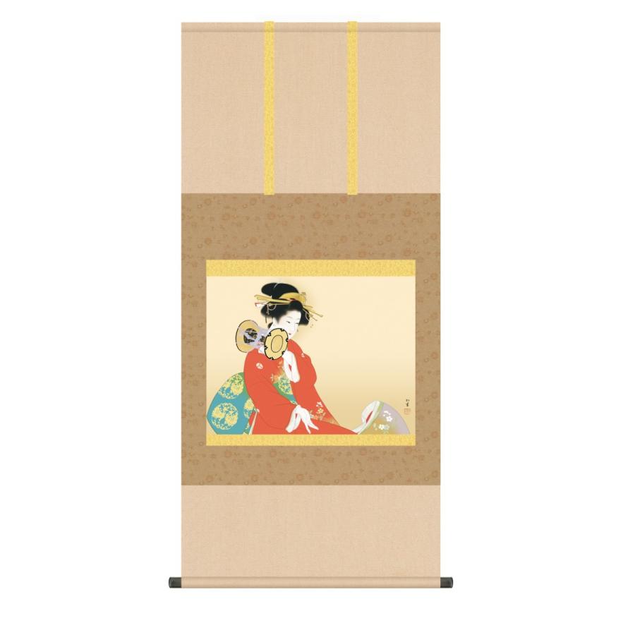 掛け軸 高精細巧芸画 純国産掛け軸 名作複製画 上村 松園 「鼓の音」 尺五 オニックス風鎮 防虫香サービス