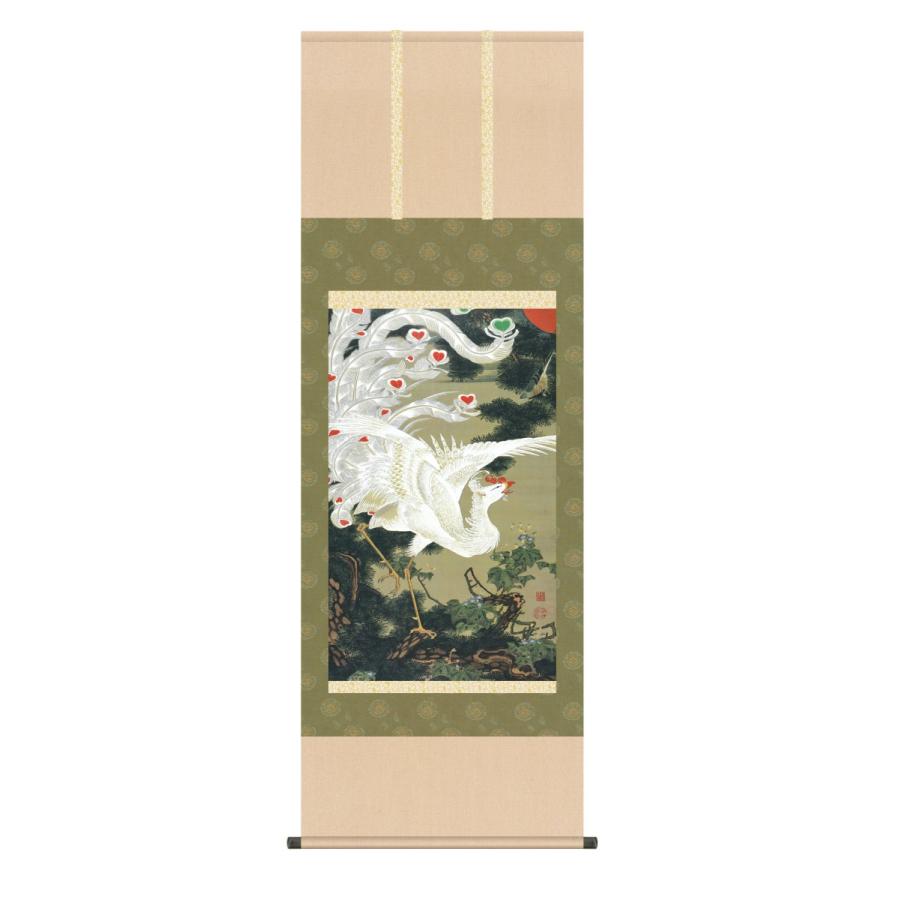 掛け軸 高精細巧芸画 純国産掛け軸 名作複製画 伊藤 若冲 「老松白鳳図」 尺五 オニックス風鎮 防虫香サービス