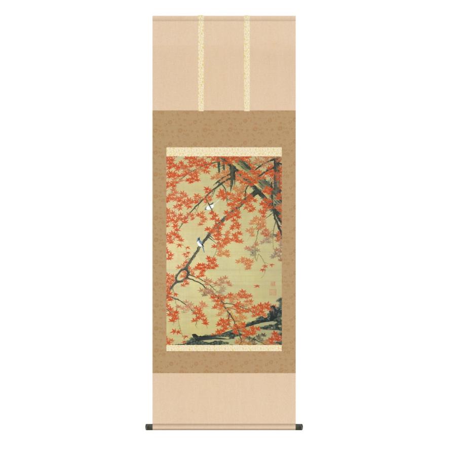 掛け軸 高精細巧芸画 純国産掛け軸 名作複製画 伊藤 若冲 「紅葉小禽図」 尺五 オニックス風鎮 防虫香サービス