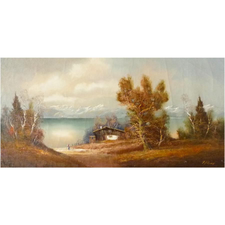 ヨーロッパ絵画 肉筆油絵 40X80 ヘインズ・ ロス作 「湖畔