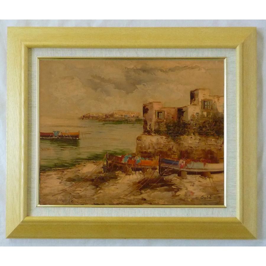 ヨーロッパ絵画 肉筆油絵 F6号 コルシニ作「ナポリの港」2＋新品額縁付