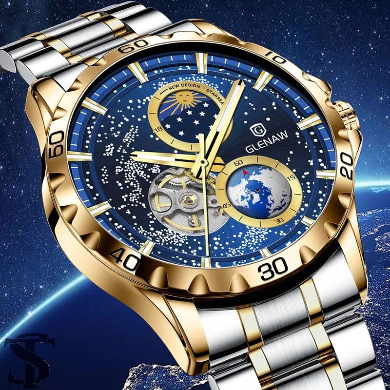 並行輸入品 メンズ自動巻き腕時計 スケルトン星空ムーンフェイズ 発光防水ステンレスマシン式時計 メンズ