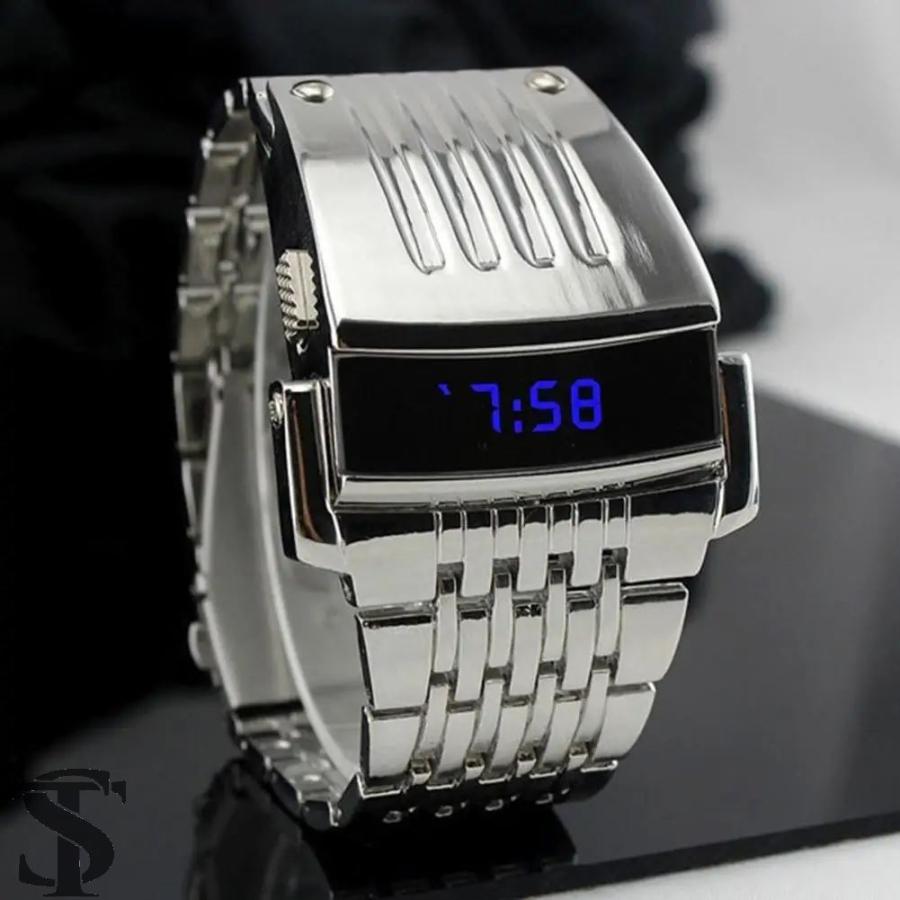 デジタル腕時計 ステンレス 並行輸入品 ファッションブルーLEDディスプレイワイドステンレスバンド
