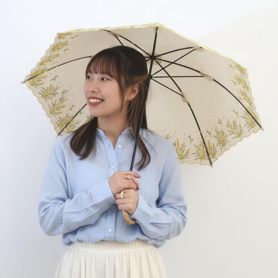 because（ビコーズ） ミモザ刺繍 レイングッズ 晴雨兼用 UVカット 長傘