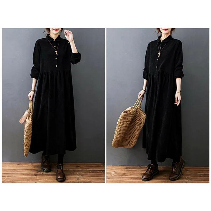 かぐれ　ロングシャツワンピース　コーデュロイ マキシ丈　黒　ビッグシルエット　F and it_ ワンピース レディース コーデュロイ ロング シャツ