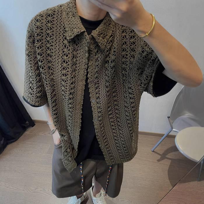 透かし編み ニット半袖シャツ メンズ サマーニット トップス