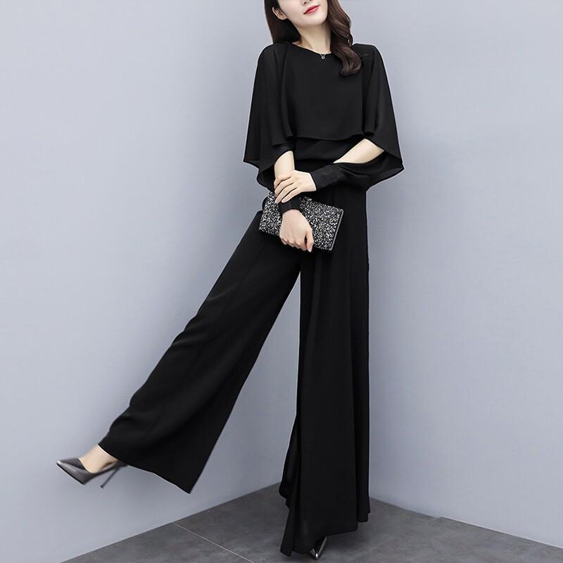 かっこいいパンツドレス 袖あり 黒 セパレート パーティードレス