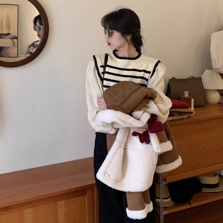 【希少】 モンクレール ドッキングニット ストライプシャツ 異素材切替 マグニア 異素材 ドッキングニット セーター レディース 春 秋 冬