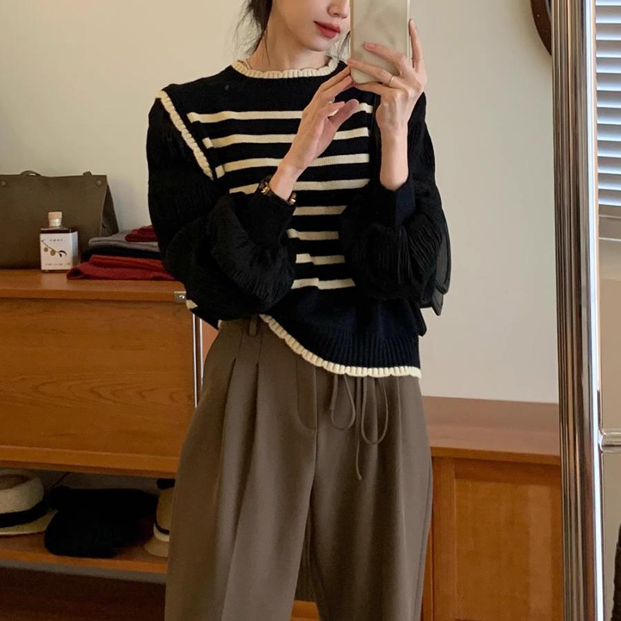 【希少】 モンクレール ドッキングニット ストライプシャツ 異素材切替 マグニア 異素材 ドッキングニット セーター レディース 春 秋 冬