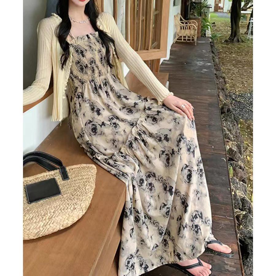 春 夏 秋 花柄 キャミワンピース 胸元シャーリング : 暮らしの