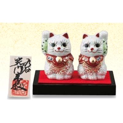 九谷焼　縁起物　2.2号ペア招き猫・白盛　招福　商売繁盛　千客万来　金運　幸運　吉祥