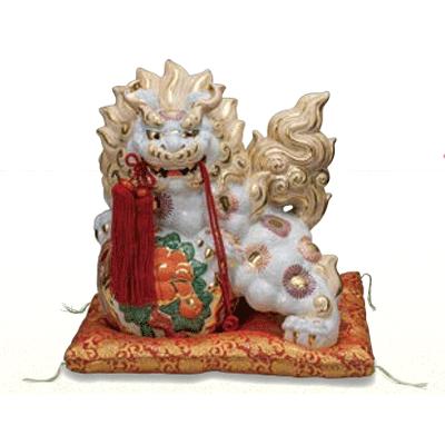 九谷焼 縁起物 13号牡丹獅子・白盛 魔除け 退魔 お守り 招福 金運 幸運
