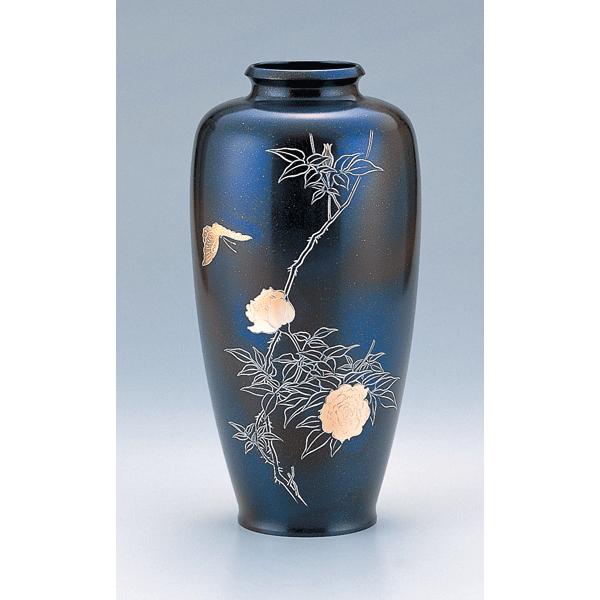 日/祝も発送 高岡銅器 銅製花瓶 細夏目 花鳥文 美術工芸品 記念品 花活