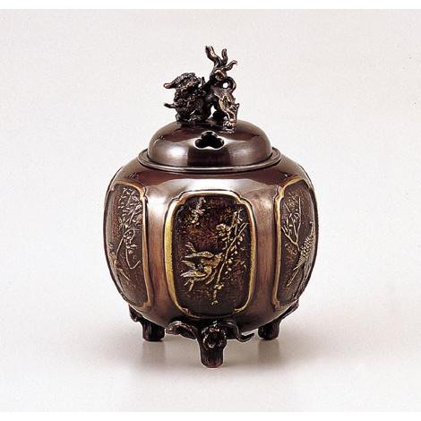 高岡銅器 香炉 花鳥六面間取香炉 銅製 美術工芸品 記念品 置物 : 日本 