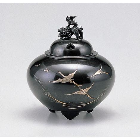 高岡銅器 香炉 平丸獅子蓋香炉 鶴 銅製 美術工芸品 記念品 置物 : 日本