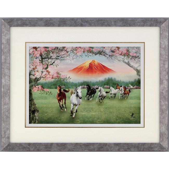 風水絵画　彫金パネル 「馬九行久（八重桜）」 彫金作 北 光修（きたこうしゅう） 目標達成　金運　受験合格　招福