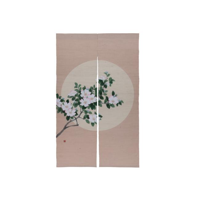 手染め 麻のれん 手描きのれん「山茶花」 <冬> 自然の癒し 安らぎ