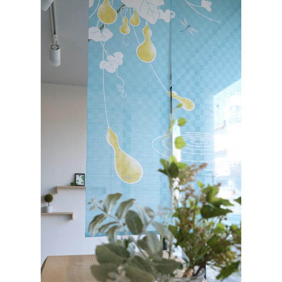 麻織布手染め麻のれん (渦巻きとんぼに六瓢箪) 夏 天然素材 贈り物