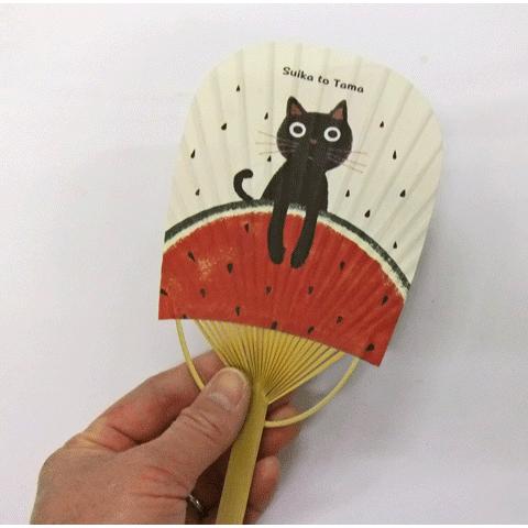 竹うちわ ウチわ猫（スイカとたま）丸亀竹うちわ 飛沫防止 プチギフト