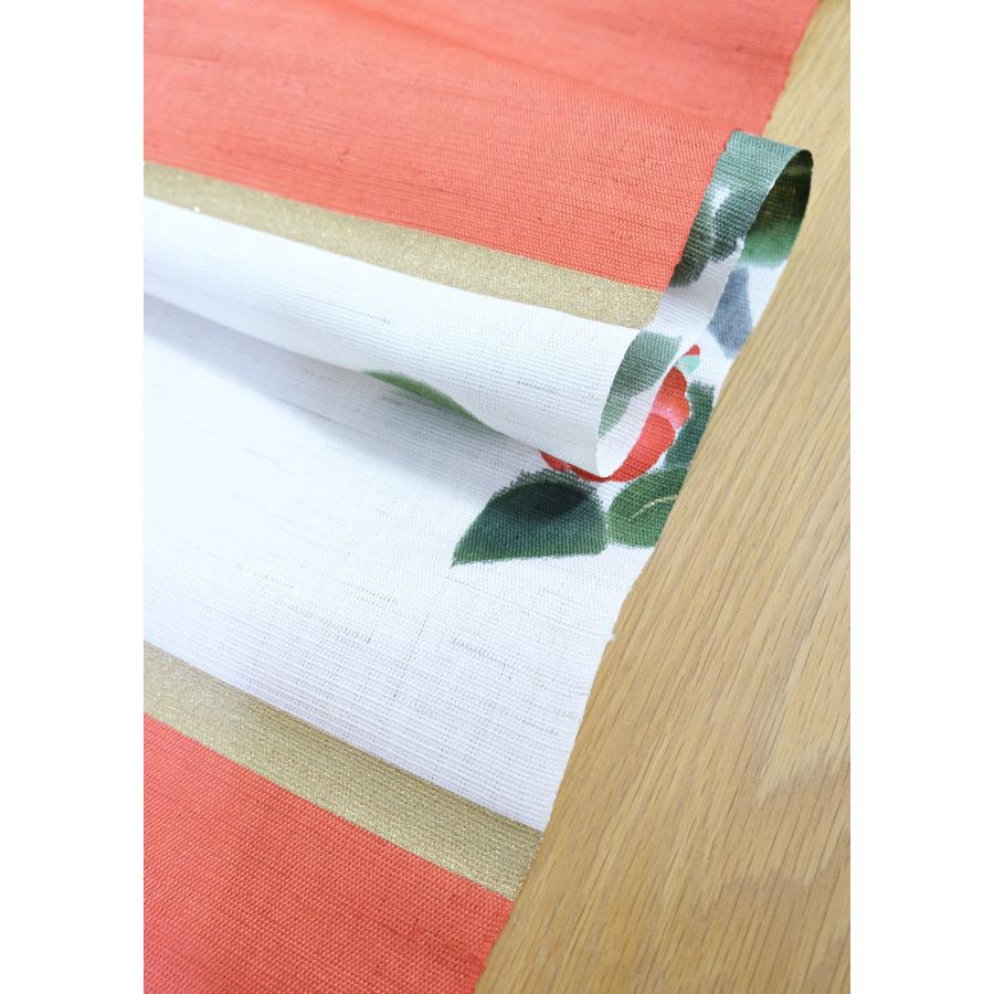 麻織布手染めタペストリー　手描きタペストストリー（掛け軸椿）冬柄　天然素材　自然の癒し安らぎ  インテリア掛け軸　_4