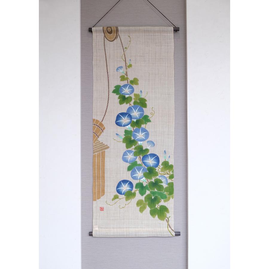 麻織布手染めタペストリー 手描きタペストストリー 釣瓶に朝顔 夏柄 天然素材 自然の癒し安らぎ インテリア掛け軸 T 773 日本ものこと百貨 通販 Yahoo ショッピング
