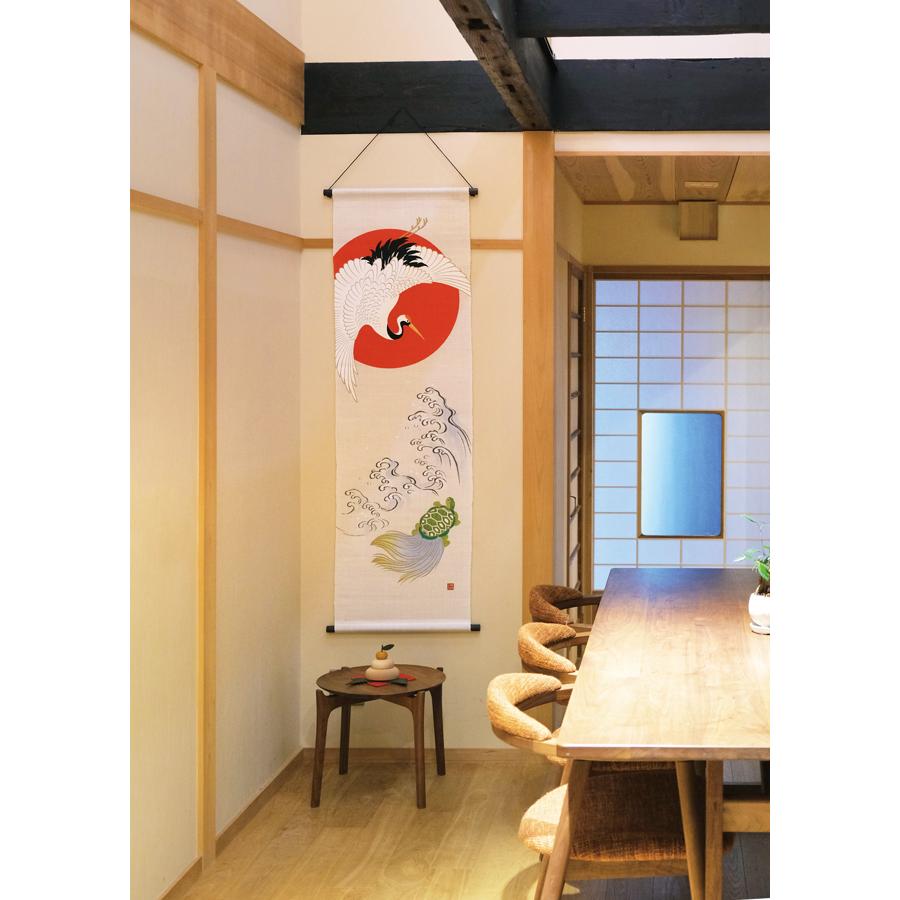 タペストリー　布麻　つる　のれん　麻織物　縁起物 麻織布手染めタペストリー 縁起タペストストリー（つるかめ吉祥）冬柄
