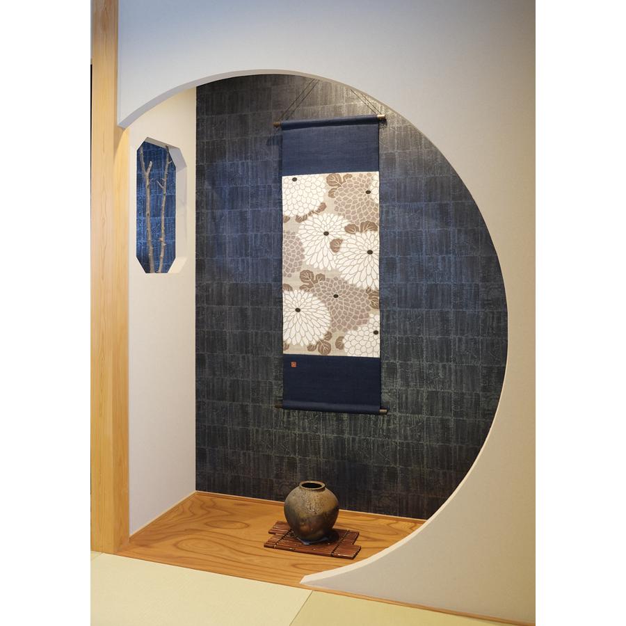 麻織布手染めタペストリー 彩色タペストリー（丸菊吉祥紋）秋柄