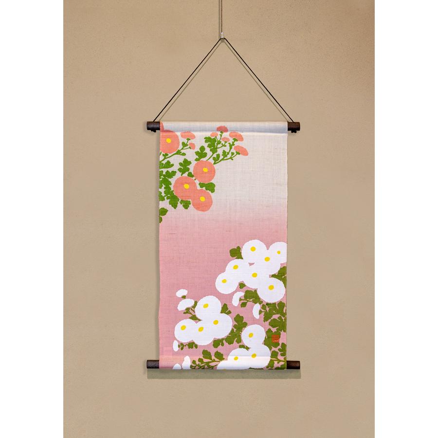 限定麻織布手染めタペストリー 型染めタペストリー（万寿菊）秋柄 天然