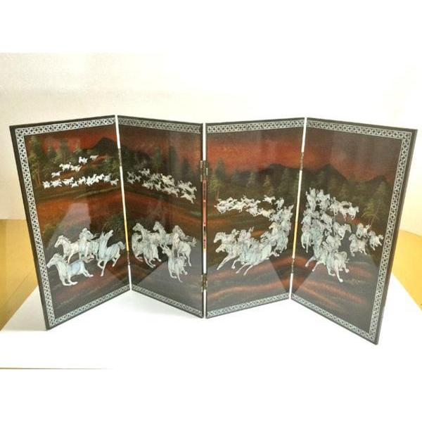 漆工芸品 漆芸屏風 ◇ 九十九頭馬 螺鈿 屏風 中国製 四曲一隻 馬