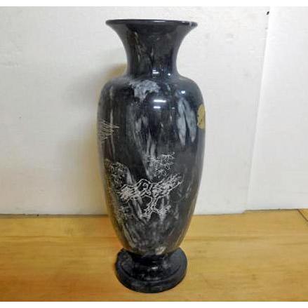 送料無料 ◇ 工芸品 大理石 花瓶 中国 直径220×高さ605mm 孔雀 黒白