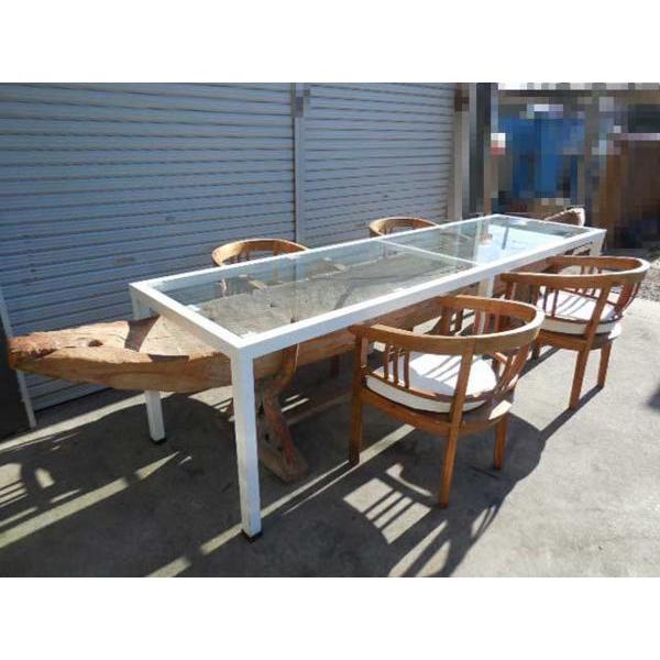 大型 ガラステーブル 木製椅子 セット ◇ カヌー オブジェ付 天然木 肘