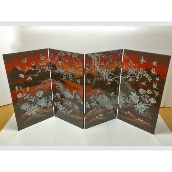 絵画 工芸品 漆 ◇ 屏風 四曲一隻 九雀 螺鈿 インテリア : 日本