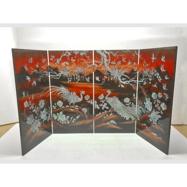 絵画 工芸品 漆 ◇ 屏風 四曲一隻 九雀 螺鈿 インテリア : 日本 絵画 工芸品 漆 ◇ 屏風 四曲一隻 九雀 螺鈿 インテリア : 日本