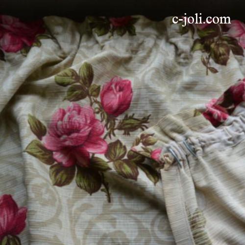 仏アンティーク】フランスアンティークカーテン ローズ柄リネン